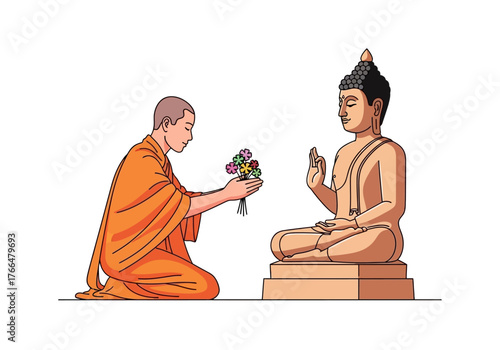 A monk on his knees presenting flowers to a seated Buddha statue