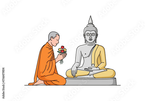 A monk presents flowers to a seated Buddha statue