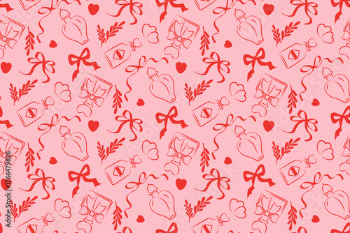 Vector illustration featuring a seamless pattern of perfume bottles, bows, hearts, and leaves in red on a pink background. Perfect for romantic and decorative designs.
