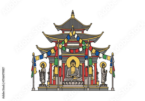 A pagoda with Buddha statues colorful prayer flags and a multitiered roof stands against a white background