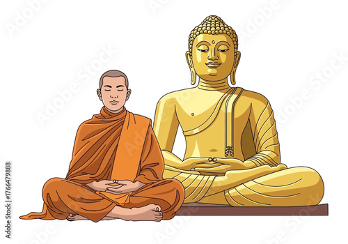 A monk sits meditating next to a golden Buddha statue