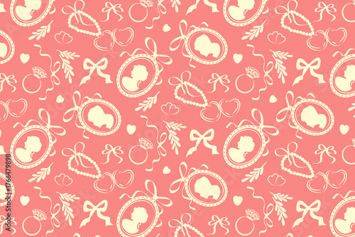 Seamless vector illustration of vintage romantic elements like silhouettes, ribbons, and hearts on a warm pink background. Perfect for textiles, wrapping paper, or wedding-themed designs.