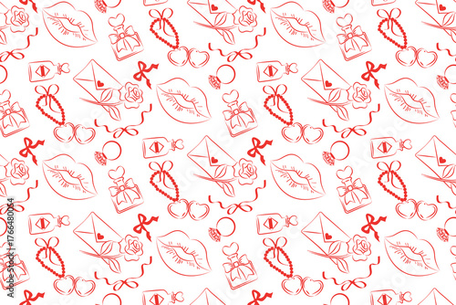 Romantic pattern vector illustration featuring hearts, lipstick kisses, love letters, and perfumes. Perfect for Valentine s Day designs, adding a touch of affection and charm to any project.