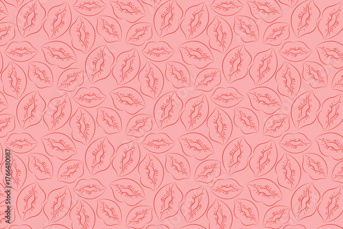 Vector illustration featuring a seamless pattern of lips on a pink background. The repetitive design creates a bold aesthetic, suitable for fashion and beauty themes.