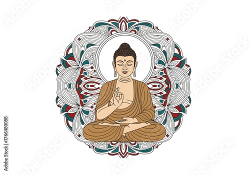 A seated buddha with a complex colorful mandala behind him