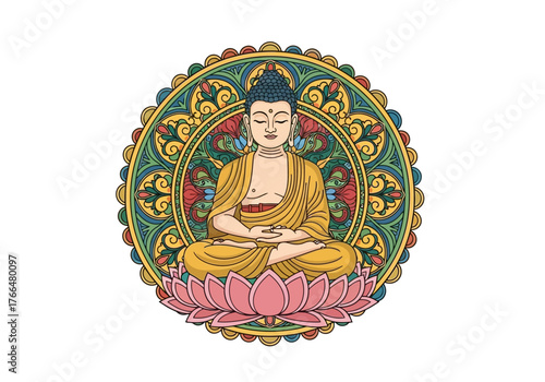 A seated Buddha figure with eyes closed atop a pink lotus inside an ornamental circular frame