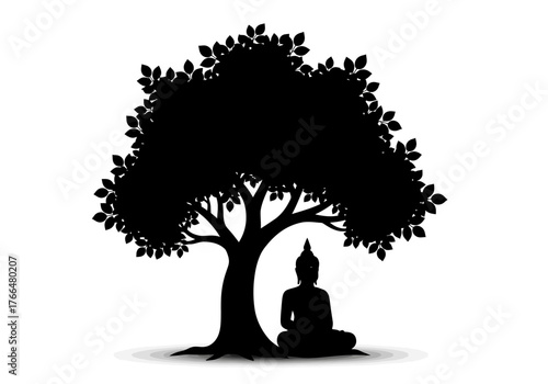 A silhouetted Buddha figure sits in meditation beneath a tree