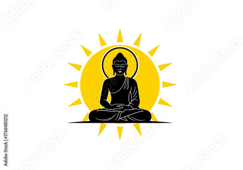 A silhouette of Buddha sits in front of a yellow sunburst