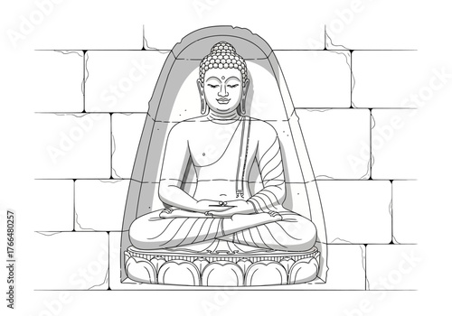 A statue of Buddha sits in meditation within an arched alcove set against a brick wall