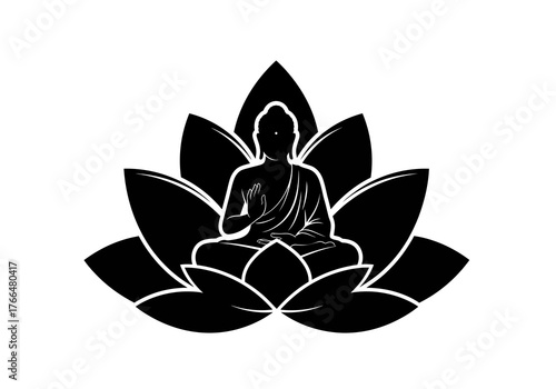 Black silhouette of Buddha meditating in a lotus flower position on a white background