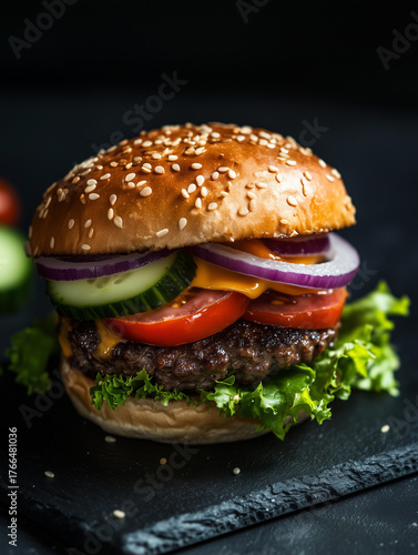 Close up of a sesame seed bun burger with beef patty lettuce tomato onion and cucumber slices on slate