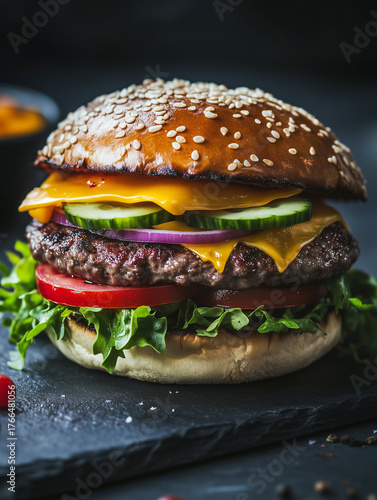 Close up view of a delicious looking burger with sesame seed bun and fresh ingredients on dark surface