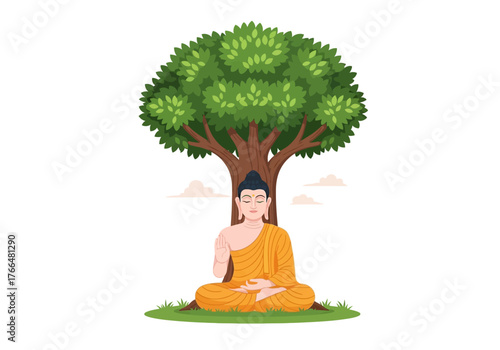 Buddha is seated under a large green tree