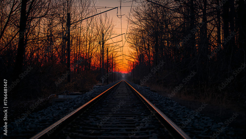 Fototapeta premium Railway Tracks Under Vibrant Sunset in Serene Forest