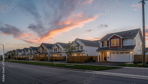 Charming Suburban Homes Under a Beautiful Sunset Glow