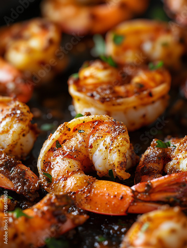 Close up of seasoned and cooked shrimp with tails on a dark surface with green herbs sprinkled