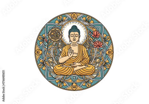 Buddha seated in lotus pose mandala backdrop lotus flowers  dharma wheel