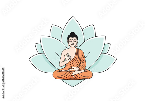 Buddha seated in meditation against a backdrop of light teal lotus petals
