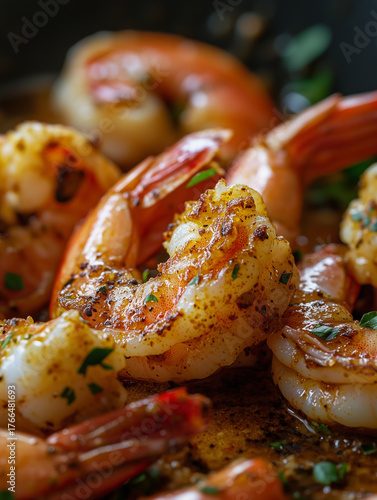 Close up of cooked shrimp with tails and seasoning with parsley garnish in a dark pan ready to eat