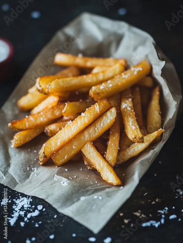 A close up shot of french fries with salt on a paper on a dark surface in a studio setting view
