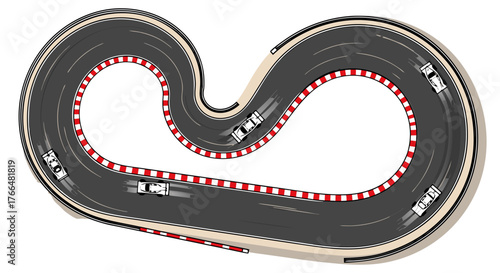 Aerial view of a winding race track with cars on it, showcasing a thrilling motorsport event or a game on a miniature circuit