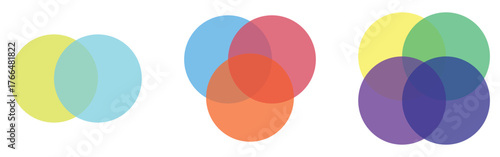  Logo-type diagram vector set on white page. Modern isolated graphical flat Venn diagram icons. Modern isolated Venn diagram icons set on white background.