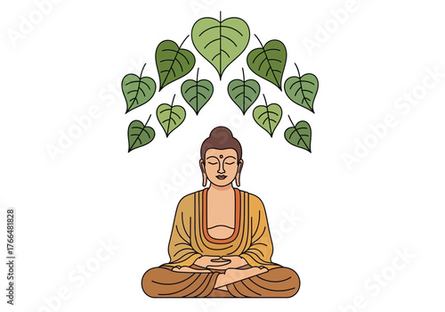Buddha sits in lotus position under leaves eyes closed