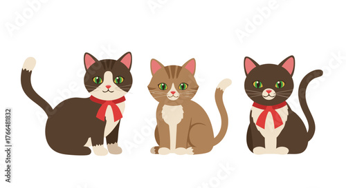 Three adorable cartoon cats with playful expressions and colorful collars, showcasing a charming illustration of feline companions in a whimsical artistic style