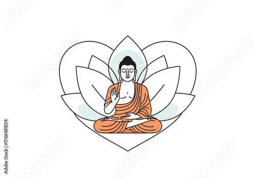 Buddha sits in lotus position before a blooming lotus flower