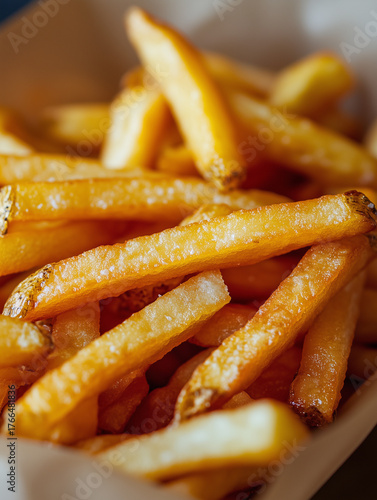A close up shot showing a pile of golden french fries in a container ready to be eaten as a snack