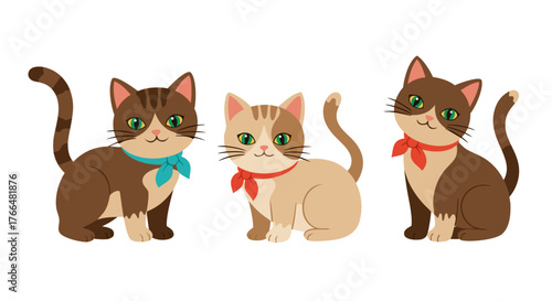 Three adorable cartoon kittens with green eyes and colorful bow ties sitting together in a row on a white background, exuding cuteness and charm