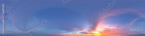 360 VR 2:1 equirectangular dramatic sunset sky background overlay. Ideal for 360 VR sky replacement. High quality 300 dpi, adobe rgb color profile.