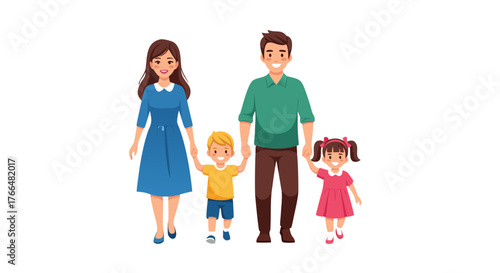 Happy family of four walking together, parents and two children holding hands, symbolizing unity, love, and togetherness in a joyful moment