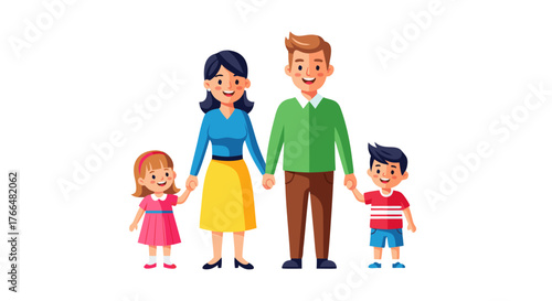 Happy Family Holding Hands, Parents and Two Children, Diverse Representation, Joyful Moments, Unity, Love, Togetherness, Childhood Memories, Generations, Connection