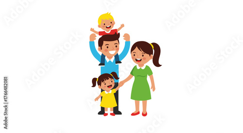 A happy cartoon family consisting of parents and two children, showcasing a loving bond and joyful interactions in a colorful illustration