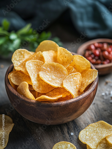A wooden bowl filled with crispy potato chips alongside a bowl of salsa and fresh green herbs on a table
