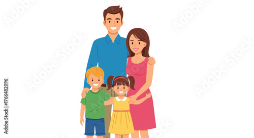 Happy Family Portrait of Parents with Two Children Smiling Together in a Studio Setting, Representing Unity and Love