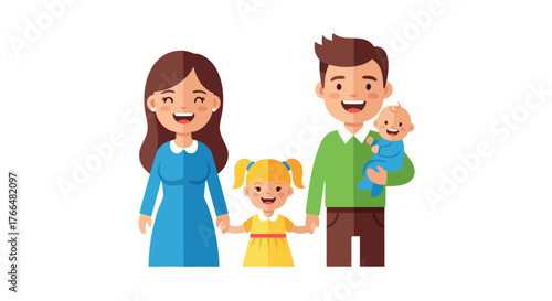 Happy cartoon family of four, including parents, a young daughter, and a baby, isolated on a white background, representing love and togetherness in a joyful moment