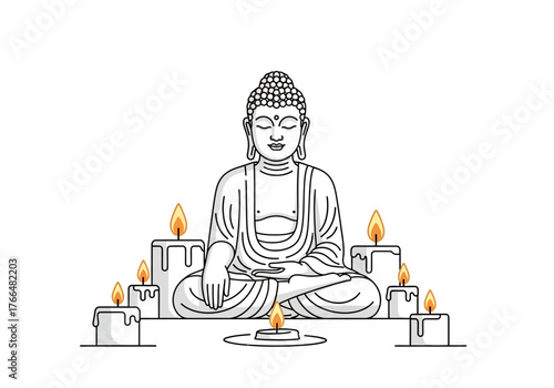 Buddha statue surrounded by lit candles seated in meditation pose