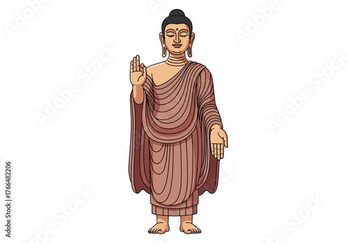 Buddha statue standing pose robeclad stylized illustration against a white background