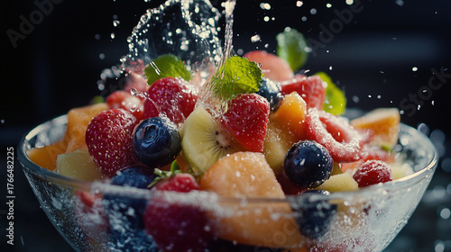 Close up of a glass bowl filled with fresh fruit being splashed with water on a dark background