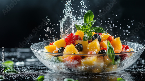 A glass bowl filled with a colorful fruit salad and water splashing on a dark background studio shot