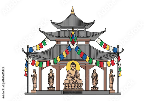 Buddhist temple structure with statues flags and a central Buddha figure