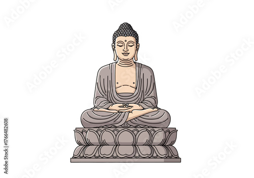 Drawing of Buddha seated on lotus platform in meditation pose rendered in gray tones with defined lines