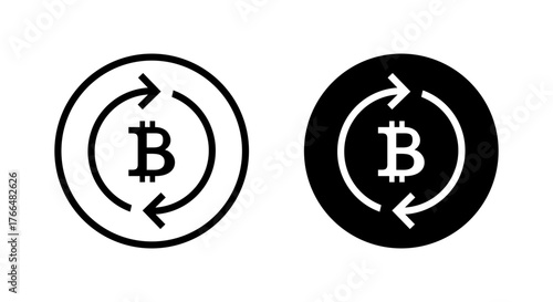 Bitcoin loop arrow icon in black circle. Digital currency exchange or cryptocurrency rotation symbol