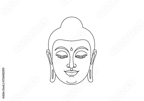 Line art of a Buddha head with closed eyes smiling and elongated earlobes