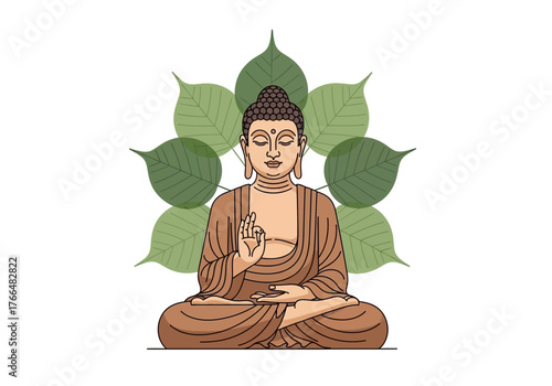 Illustration of Buddha in meditation pose surrounded by green leaves