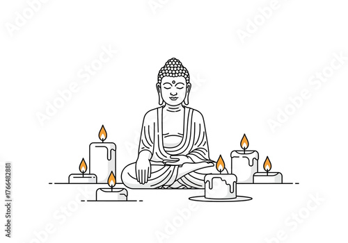 Lineart Buddha in lotus position surrounded by lit candles on a white background