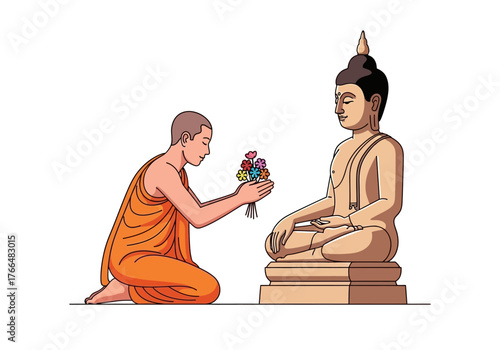 Monk presents flowers to a seated Buddha statue with traditional attire
