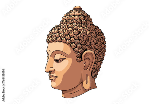 Profile view of a stylized Buddha head showcasing detailed hair curls and serene facial features